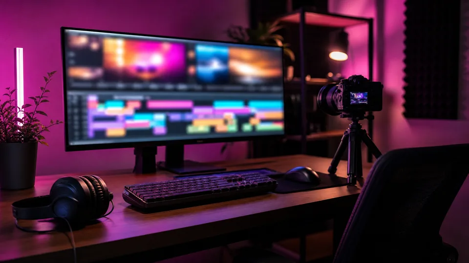 糖心vlog创作者书桌封面图，显示器与粉紫氛围灯