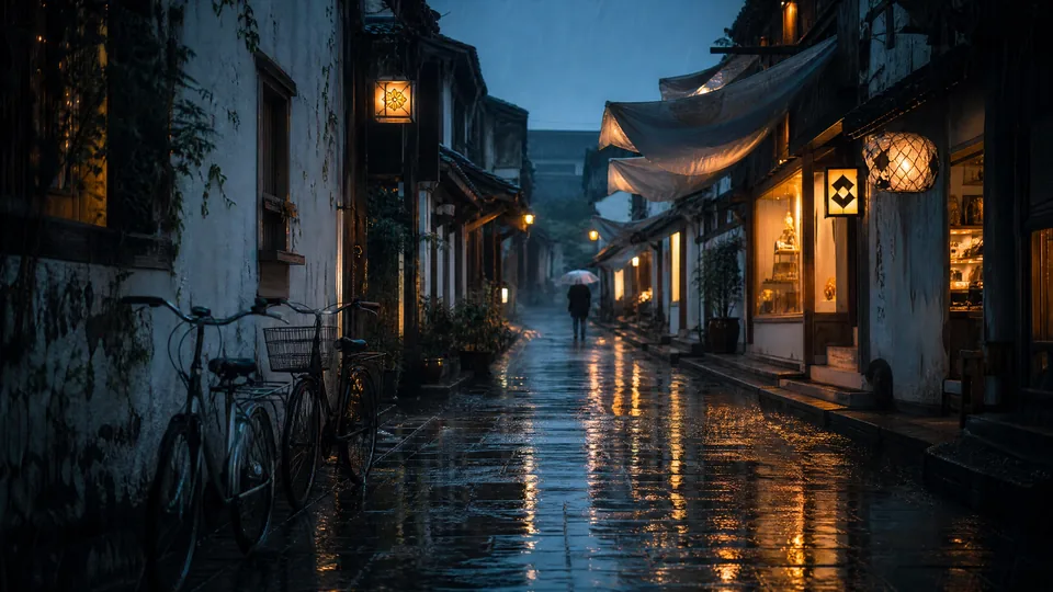 糖心vlog雨天街拍封面图，湿石板路与老巷暖光